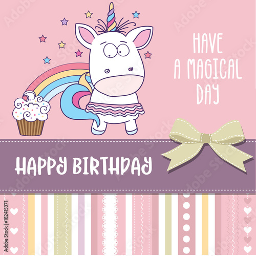 happy birthday card  with lovely baby girl unicorn