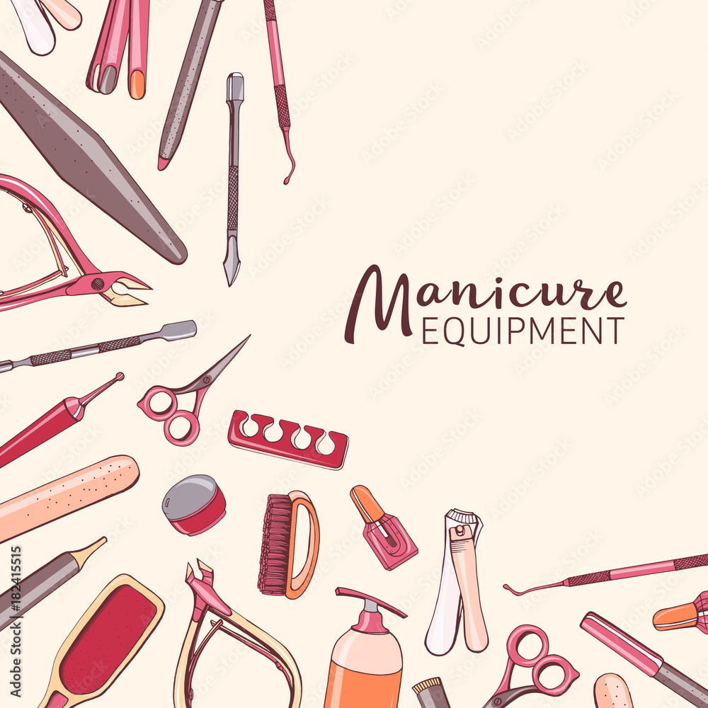 Square background with manicure equipment. Hand drawn banner wit