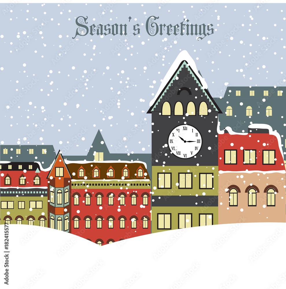 Christmas card with town in winter