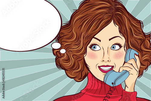 beautiful red-haired lady, speaks to a retro phone