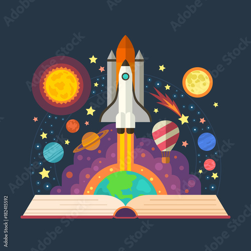 Vector illustration of open book with space elements - solar system, space shuttle, planets, stars, Earth, comet.  Imagination concept made in flat style vector.