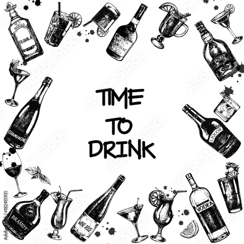 Set of hand drawn sketch style alcoholic drinks and bottles. Vector illustration isolated on white background.