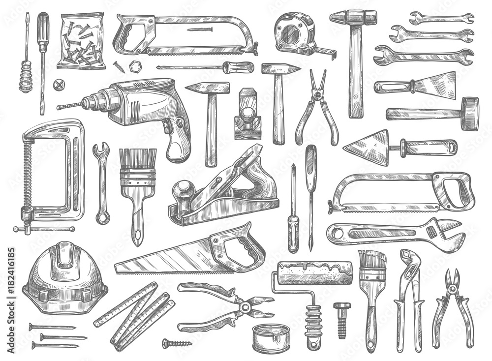 Vector work tools sketch icons for house repair
