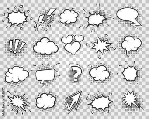 Comic elements. Cartoon sketch speech bubble and drawing bubbly box element set like heart and balloon, lightning and cloud