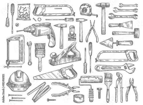 Fototapet Vector work tools sketch icons for house repair