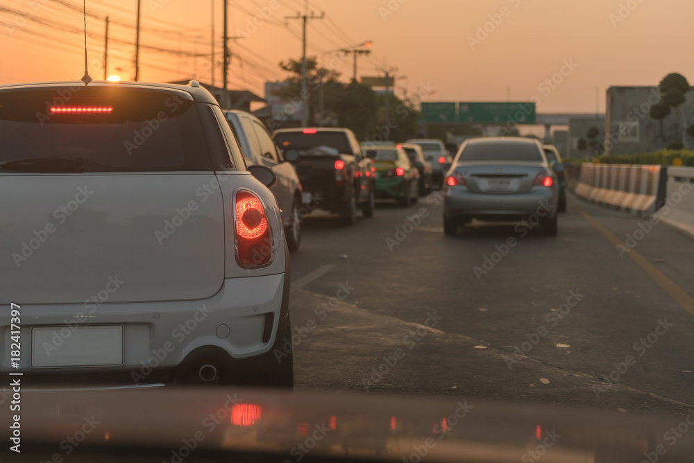 traffic jam with row of cars on street