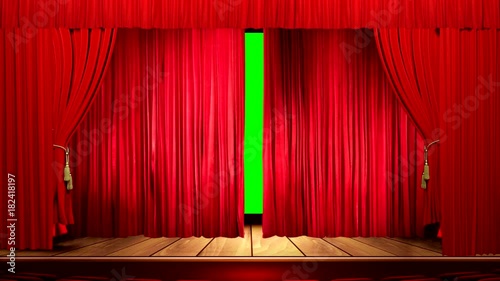 the curtain opens and a green screen.animated video