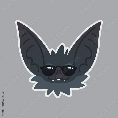 Bat in sunglasses sticker. Emoji. Vector illustration of cute Halloween bat vampire shows cool emotion.