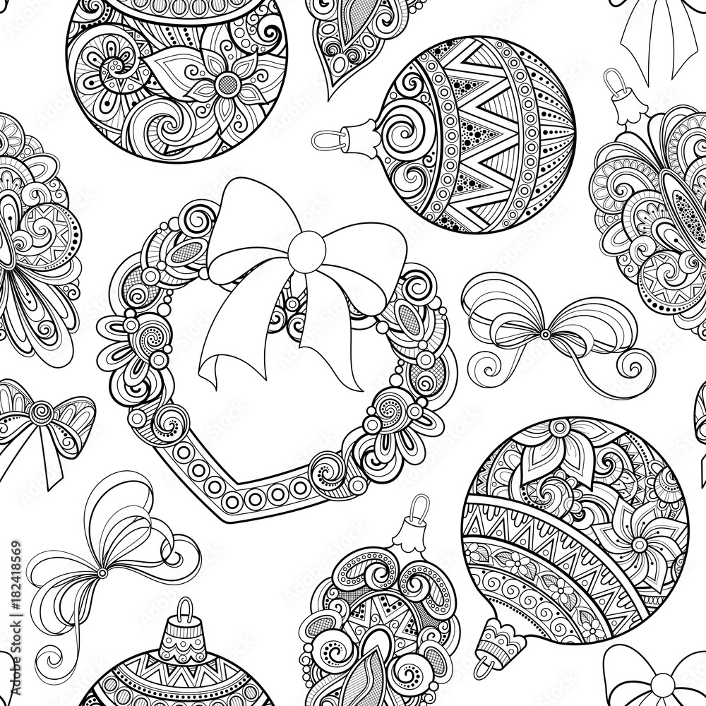Monochrome Seamless Merry Christmas Pattern, New Year Illustration. Ball, Heart, Beads, Bows. Holiday Background in Doodle Line Style. Coloring Book Page. Vector Contour Art with Ornament