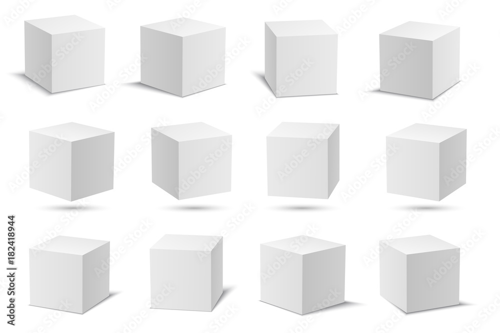 White vector cubes. Cube white collection. 3d models with perspective. Vector stock illustration isolated on white background. - obrazy, fototapety, plakaty 