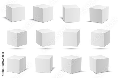 White vector cubes. Cube white collection. 3d models with perspective. Vector stock illustration isolated on white background.