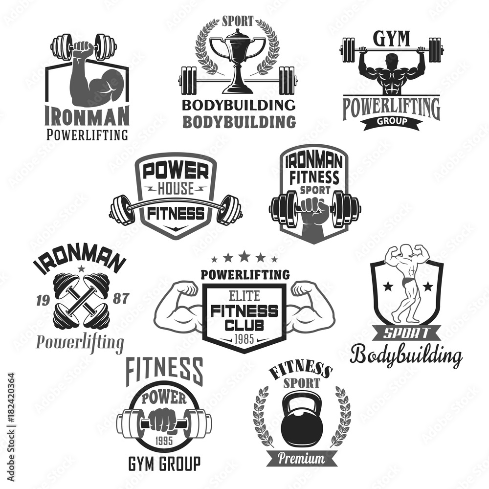 Naklejka premium Bodybuilding gym or powerlifting club vector icons