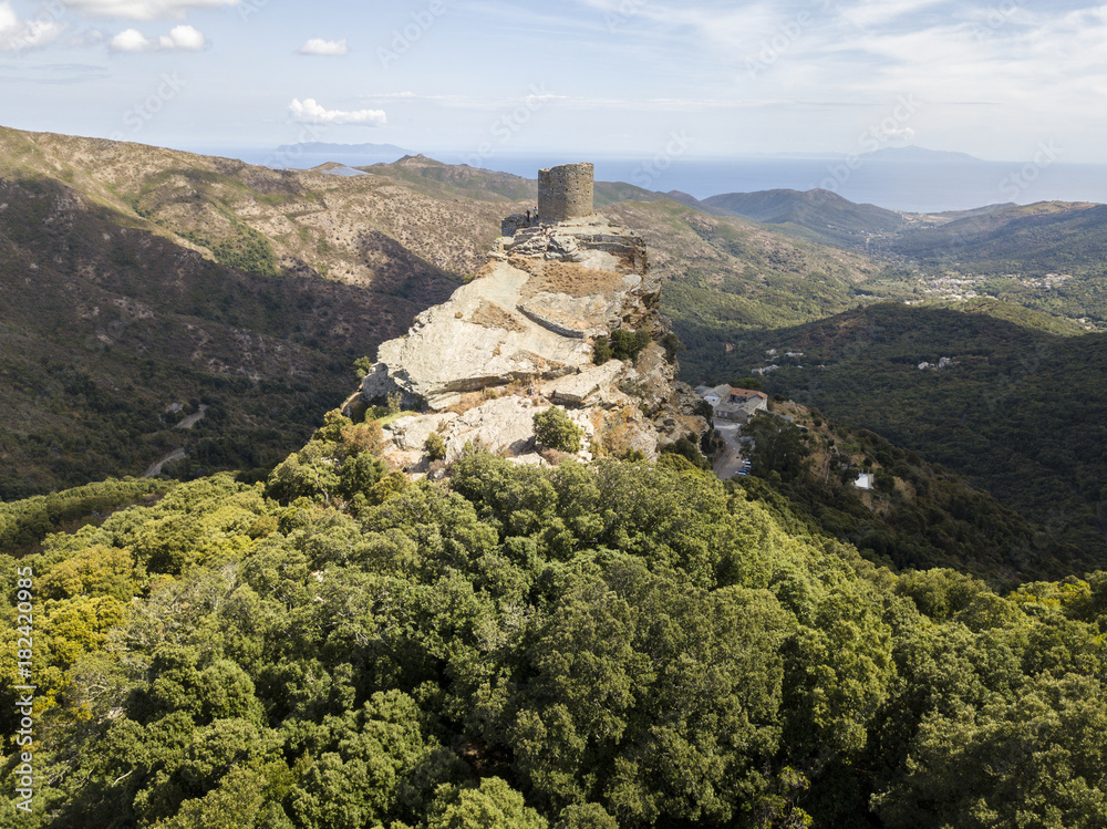 Fototapeta premium Vista aerea della Torre di Seneca, Corsica, Francia, antica torre genovese del XVI secolo nel cuore del Capo Corso, costruita come torre di guardia, monumento storico dal 1840