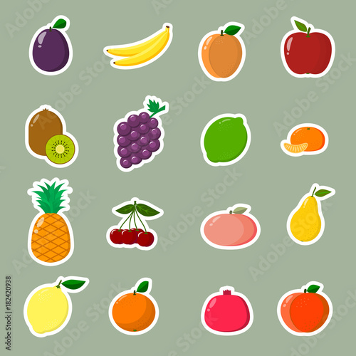 Collection of fruit stickers. A collection of fruit labels with a white stroke in a flat style.