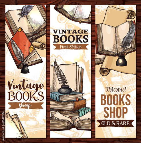 Vector sketch banners for old vintage books library