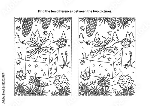 Winter holidays themed find the ten differences picture puzzle and coloring page with gift or present
