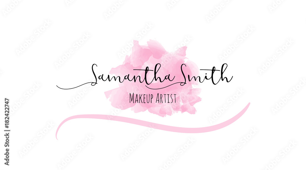 Abstract watercolor business cards. Pink hand drawn stain and makeup artist template conceptual beauty vector illustration.