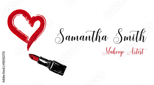 Makeup artist business card. Vector template with fashion hand drawn sketch makeup red lipstick with a painted stroke in the form of heart. Love. Glamour fashion card vogue style. Beauty illustration.