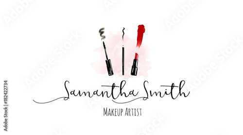 Makeup artist business card. Vector template with make up items - makeup brush, pencil, eyeliner, red lipstick and mascara brush with trace and smear. Fashion and beauty logo concept business cards.