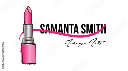 Makeup artist business card. Vector template with makeup pink hand drawing doodle lipstick. Fashion and beauty background. Template Vector.