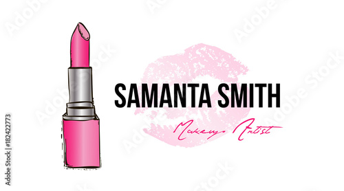 Business card for make up artist. Pink Hand drawn Lipstick and Pink Kiss. Logo vector template illustration