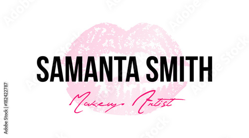 Makeup artist business card. Business cards template with pink trace kiss lips print. Elegant fashion design cards. Isolated vector.