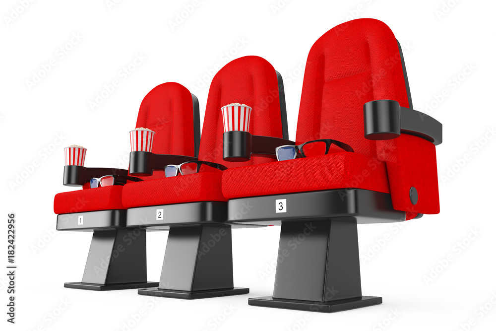 Fototapeta premium Red Cinema Movie Comfortable Chairs with Popcorn and 3d Glasses. 3d Rendering