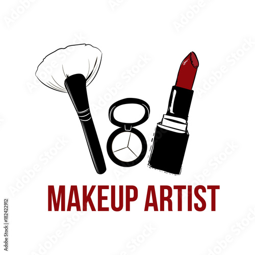 Makeup artist logo banner. Business card and logo concept. Beauty Set for make-up: red lipstick, eyeshadow, makeup brush. Logo vector template illustration