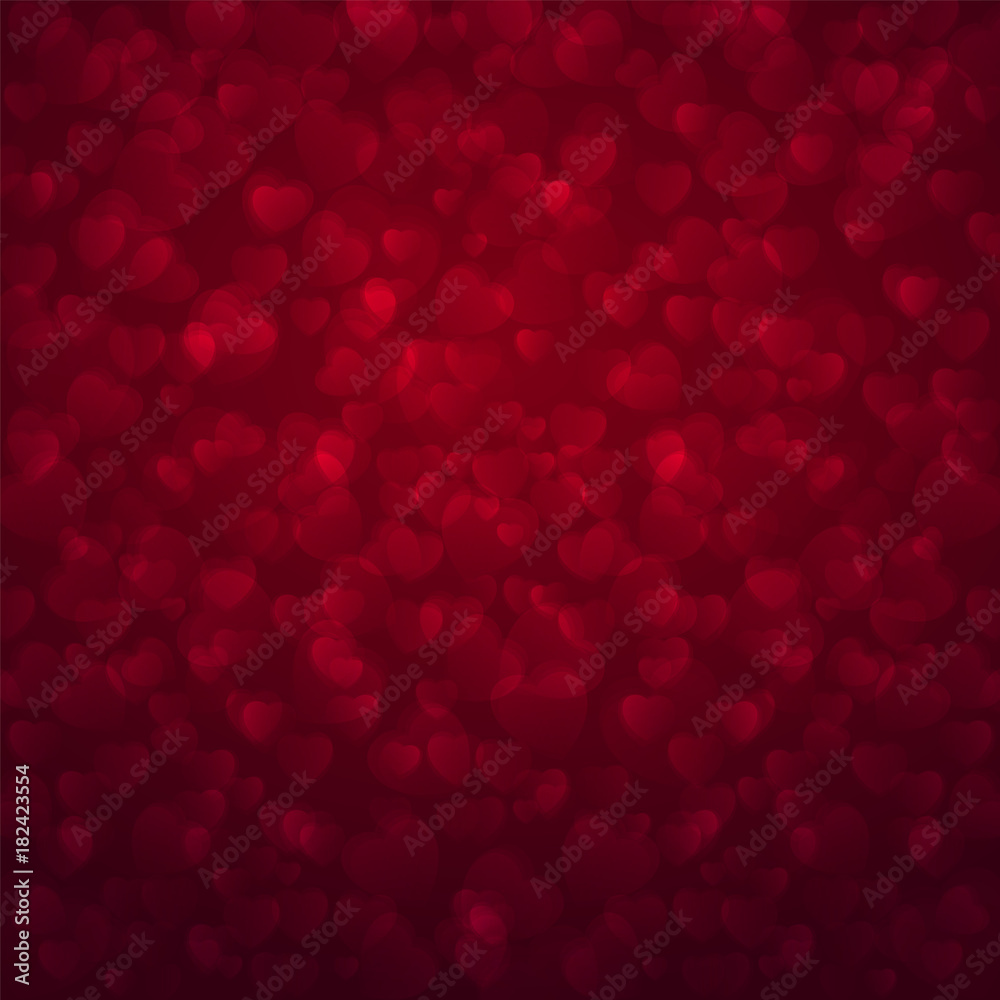 Abstract red Valentine's day bokeh background decorated with hearts. Vector illustration