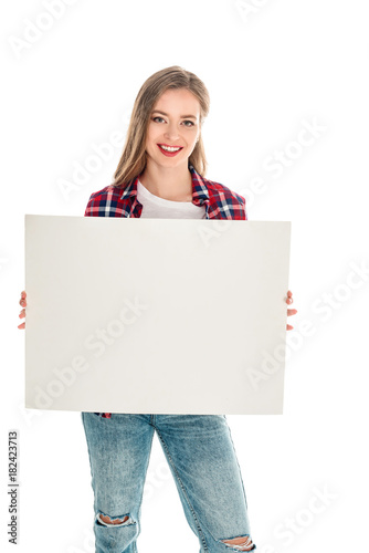 young woman with blank banner