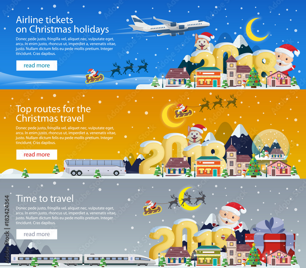 Merry Christmas 2018 banners in flat style. Traveling by plane, bus and train. Santa Claus and the dog. The winter vacation. Mountains, buildings, trees and snow. Christmas travel vector illustration