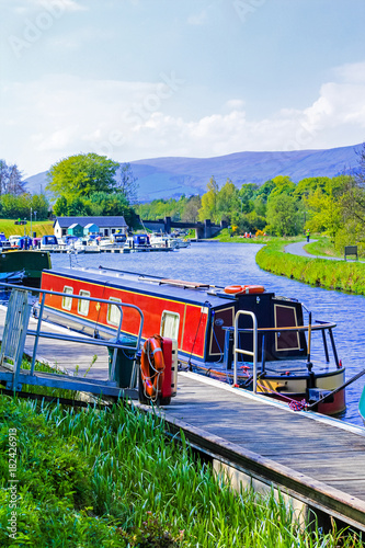 Forth and Clyde Canal with boats in Scotland, UK