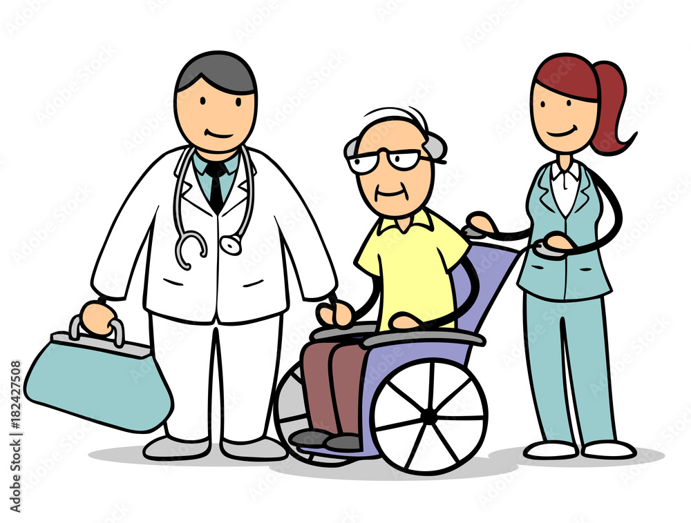 Arzt und Krankenpflegerin mit Senior im Rollstuhl Arzt und Krankenpflegerin mit Senior im Rollstuhl