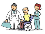 Arzt und Krankenpflegerin mit Senior im Rollstuhl