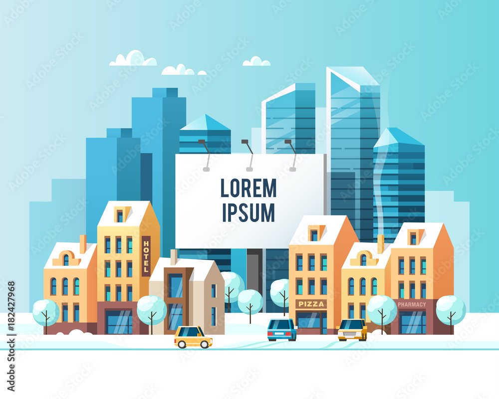 Winter cityscape with a billboard for your text. Snowy city. Vector illustration.