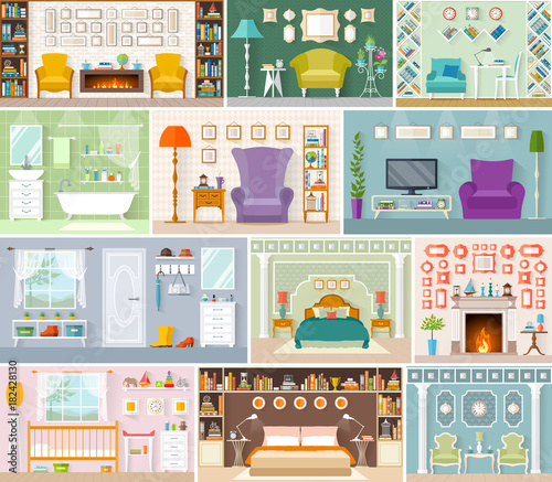 A set of rooms for various purposes and design in a flat style. Vector illustration. Set of interiors. Locations.