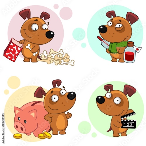 Collection of icons with dogs for design. Dog Folds the bones in a box, the dog is sick with a thermometer and medicines with a scarf, a pig piggy bank and coins, the dog shoots a film.