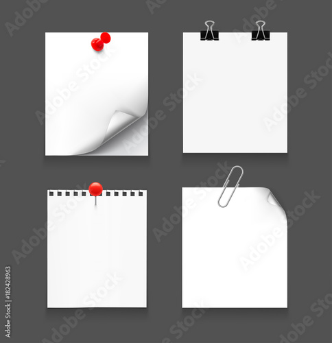 Set of white sheets with buttons and paper clips on a black background. Vector illustration.