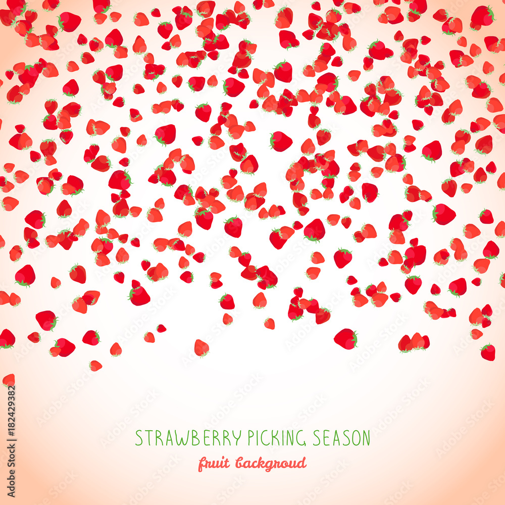 Falling strawberries text frame. Strawberry season poster or flyer. Copy space. Fresh juicy fruits. Vegetarian banner. Tiny berries scatter.
