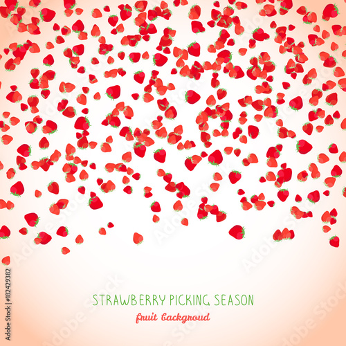 Falling strawberries text frame. Strawberry season poster or flyer. Copy space. Fresh juicy fruits. Vegetarian banner. Tiny berries scatter.