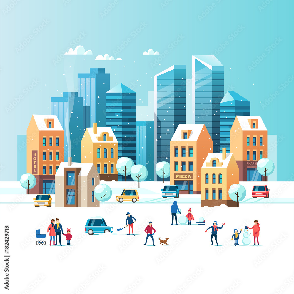 Plakat Snowy street. Urban winter landscape with people, modern skyscrapers and traditional city houses. Vector illustration.