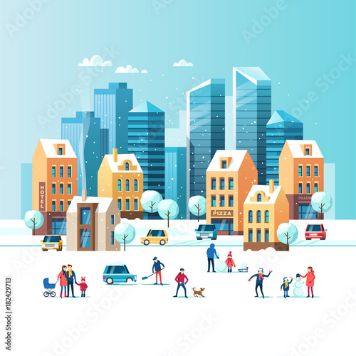Snowy street. Urban winter landscape with people, modern skyscrapers and traditional city houses. Vector illustration.