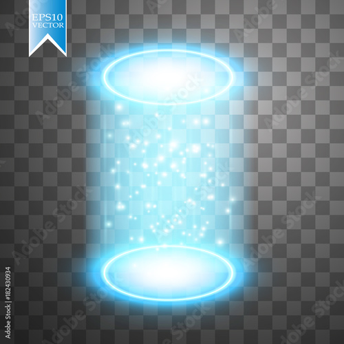 Magic fantasy portal. Futuristic teleport. Light effect. Blue candles rays of a night scene with sparks on a transparent background. Empty light effect of the podium. Disco club dancefloor.