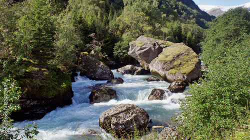Fast river with big stones  Folgefonna National Park  in Odda  Hordaland  Norway