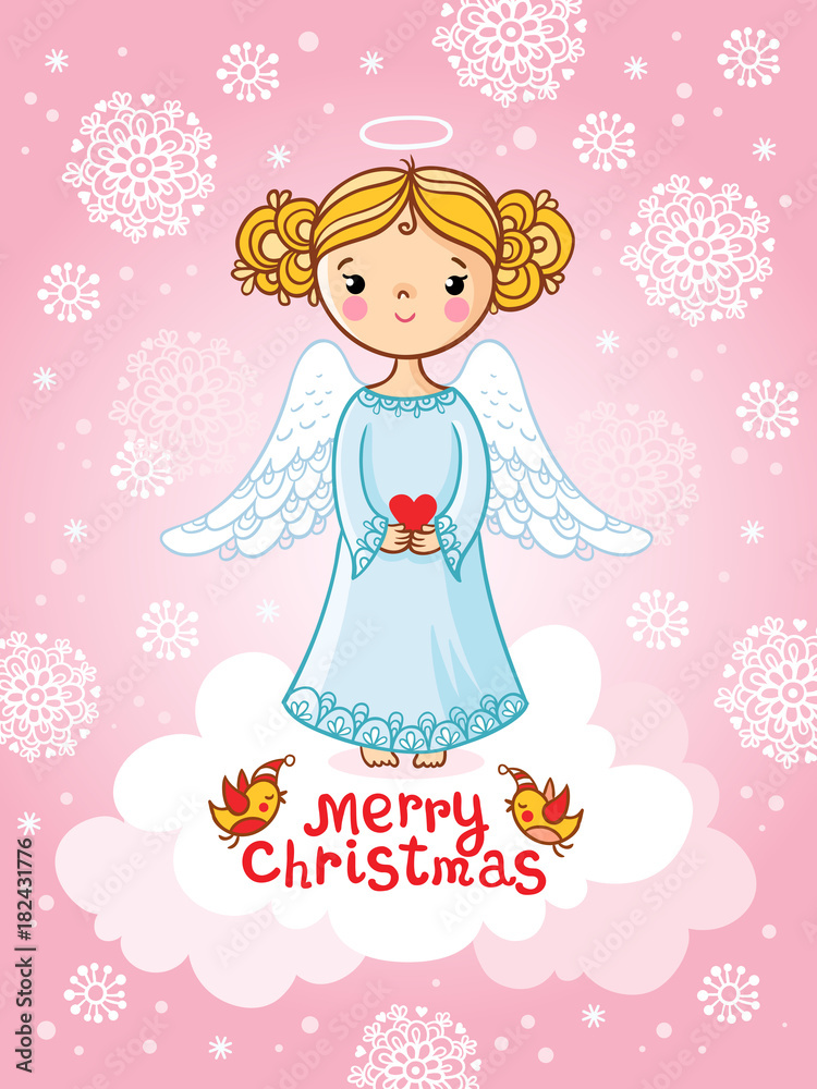 Vector greeting card with angel standing on a cloud. Christmas illustration with an angel on a pink background. Vector greeting card with angel standing on a cloud. Christmas illustration with an angel on a pink background.