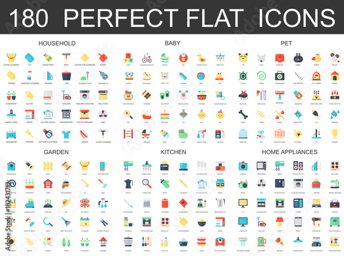 180 modern flat icons set of household, baby, pet, garden, kitchen, home appliances icons.