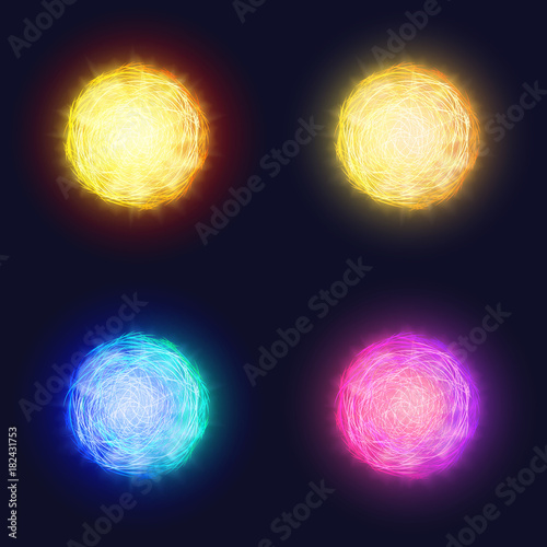 Abstract glowing solar lens flare effect of glittering sun. Vector Neon galaxy planet wreath or splash of glowing color particles.