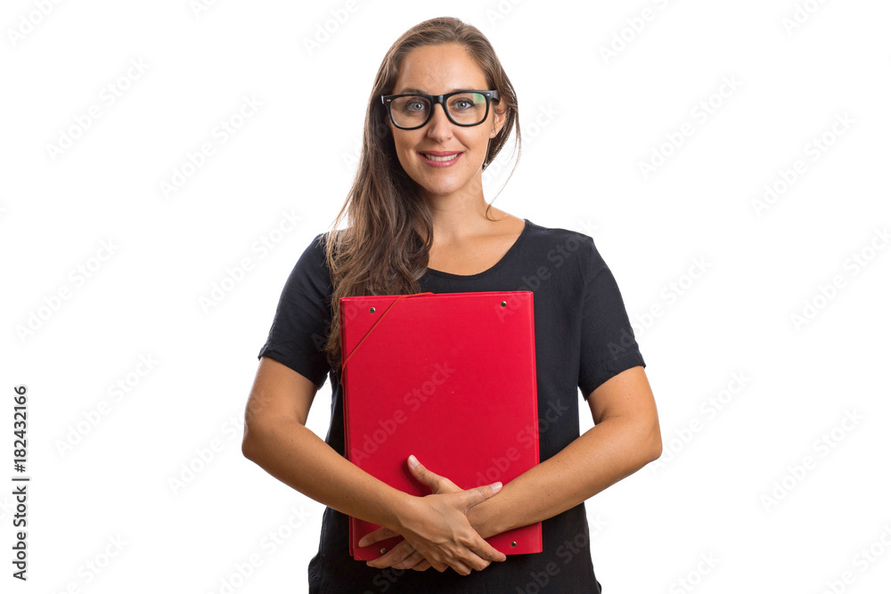 Beautiful blonde teacher or student holding material on white background Beautiful blonde teacher or student holding material on white background
