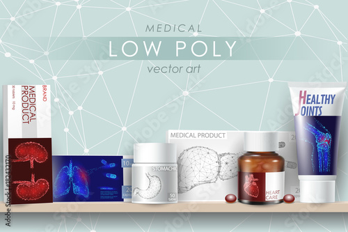3d realistic medicine drug mock up set. Glass bottle capsule remedy pills healthcare cure disease. Low poly human organ future technology business concept vector illustration