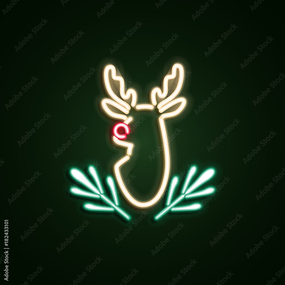 Obraz premium Christmas deer neon sign. Neon sign, bright signboard, light banner. Vector icons
